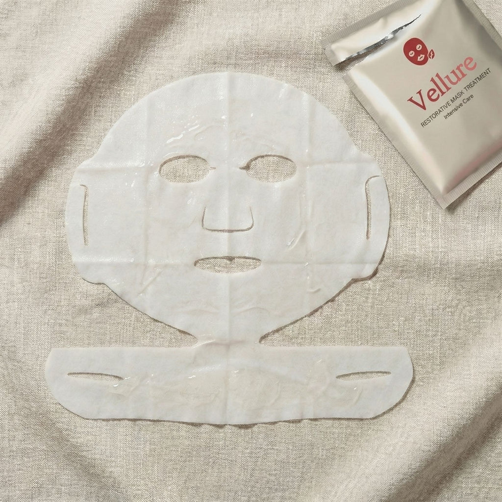 Vellure collagen sheet mask unfolded flat lay showing two-piece ear hook design