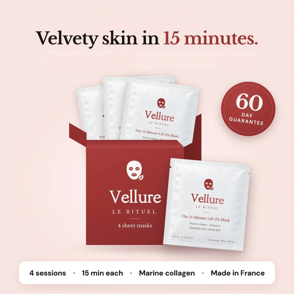 Le Rituel Vellure sheet mask pack shown in a red box with four white sachets, on a pale pink background with promotional text and a 60-day guarantee badge.